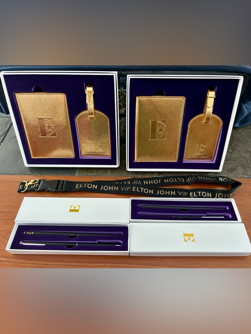 Elton John VIP Concert 2 Gold Travel Sets, 1 Lanyard & 2 pen/pencil sets